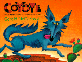 The book jacket shows a blue coyote running through the desert.