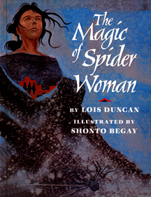 The book  jacket shows a woman wearing a blanket; a spider is on the blanket.