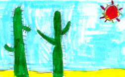 This is a picture of two saguaros in the sun.