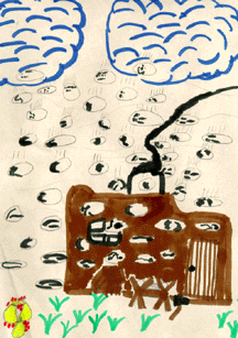 The drawing shows tortillas falling from the sky on an adobe house.