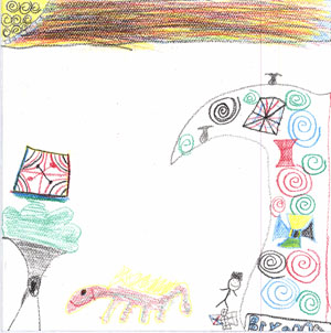 shows the cave painting scene and used many different designs, inspired by the Navajo patterns.  She also added the horse, which Ashkii painted stars, stripes, and circles.  She also included a sunset scene with a sun and different colored sky.