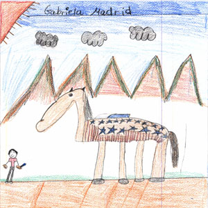 shows Ashkii painting the horse for the 4th of July parade.  It also shows a mountain scene with a setting sun in the background.