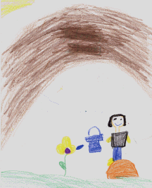 The drawing shows a child watering a flower.