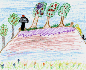 The drawing shows an orchard on a mesa, a flat-topped mountain.
