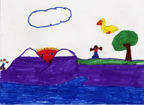 The drawing shows a boy lost from his dad